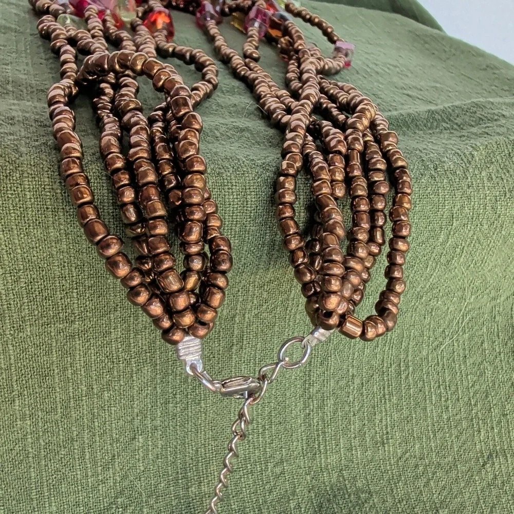 Art Glass Multi Strand Beaded Necklace Brass Tone 6 Strand Boho 16